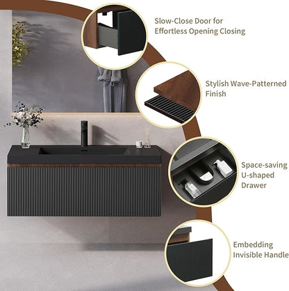 42'' Floating Bathroom Vanity with Sink Combo, Modern Wall-Mounted Striped Bathroom Storage Cabinet with Soft-Close Drawers and Black Quartz Sand Basin, No Assembly Required
