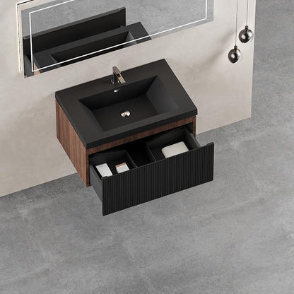30" Floating Bathroom Vanity with Sink, Wall-Mounted Smoked Walnut Storage Cabinet, Wave-Textured Soft-Close Drawer & Matte Black Quartz Sand Basin