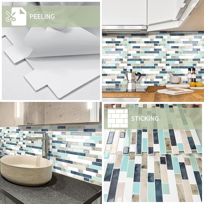 10 Sheets Thick Peel and Stick Kitchen Backsplash Tiles | 3D Waterproof Self Adhesive Wall Tile Stick on Backsplash for Kitchen,Bathroom and Fireplace(Mixed Blue,12"×12")