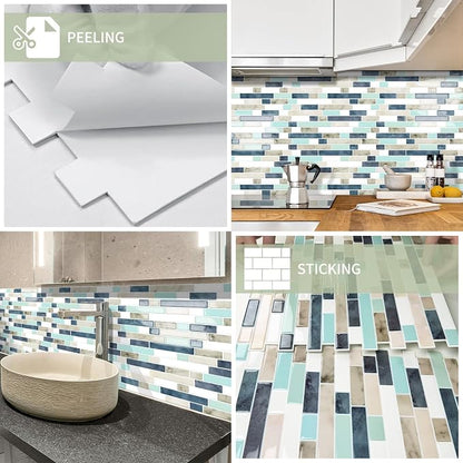 10 Sheets Thick Peel and Stick Kitchen Backsplash Tiles | 3D Waterproof Self Adhesive Wall Tile Stick on Backsplash for Kitchen,Bathroom and Fireplace(Mixed Blue,12"×12")