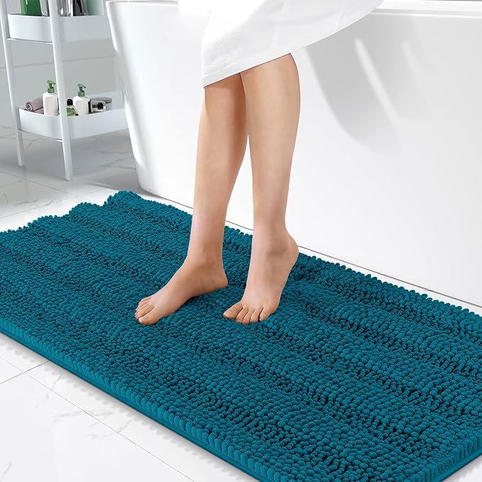 OLANLY Thick Bathroom Runner Rugs 47x24, Chenille Bath Rugs, Peacock Blue | Absorbent Striped, Rubber Backing, Machine Wash, Long Bath Mats for Bathroom Floor, Tub and Shower, Home Decor Accessories