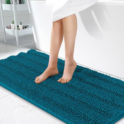OLANLY Thick Bathroom Runner Rugs 47x24, Chenille Bath Rugs, Peacock Blue | Absorbent Striped, Rubber Backing, Machine Wash, Long Bath Mats for Bathroom Floor, Tub and Shower, Home Decor Accessories