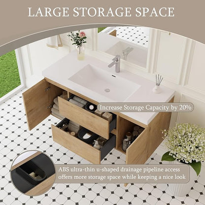 KEIKI 48'' Wall-Mounted Bathroom Vanity with Sink - Floating Design, 2 Soft-Close Drawers & Doors & Resin Basin, Space-Saving for Small Bathrooms, Natural Oak