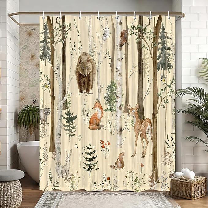 JAWO Camper Shower Curtain, Rustic Lodge Cabin Woodsy Wildlife Animals Woodland Rv Shower Curtains Camper Camping Bathroom Set with Hooks, 47X64 Inch, Yellow