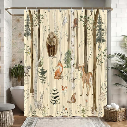 JAWO Camper Shower Curtain, Rustic Lodge Cabin Woodsy Wildlife Animals Woodland Rv Shower Curtains Camper Camping Bathroom Set with Hooks, 47X64 Inch, Yellow