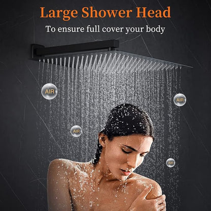16 Inch Square Rain Shower Head | 304 Stainless Steel, 324 Jets, Ultra Thin High Pressure Bathroom Rainfall Showerhead, Matte Black