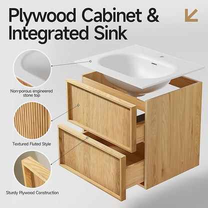 32" Japandi Floating Bathroom Vanity with Sink, Pre-Assembled Natural Oak Multi-Layer Solid Wood Bathroom Sink Vanity, Wall Mounted with Integrated Stone Top and 2 Soft Close Drawers