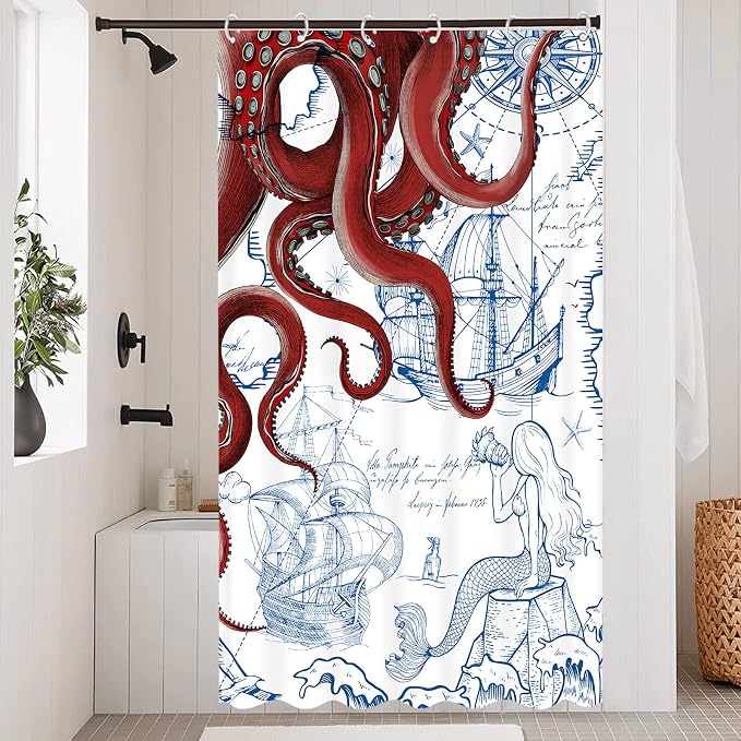 Fungarth Stall Red Nautical Octopus Shower Curtain Navy Blue Mermaid Funny Ocean Kraken Shower Curtains for Bathroom Cool Anchor Coastal Map Waterproof Fabric Bath Curtain Decor (Red, 36” x 72”)