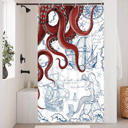 Fungarth Stall Red Nautical Octopus Shower Curtain Navy Blue Mermaid Funny Ocean Kraken Shower Curtains for Bathroom Cool Anchor Coastal Map Waterproof Fabric Bath Curtain Decor (Red, 36” x 72”)