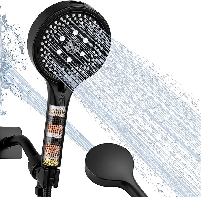 Filtered Handheld Shower Head, High Pressure Black | 7 spray modes, 5.24" wide coverage, 59" SS hose, adjustable holder, built-in filter, G1/2" universal fit, tool-free install