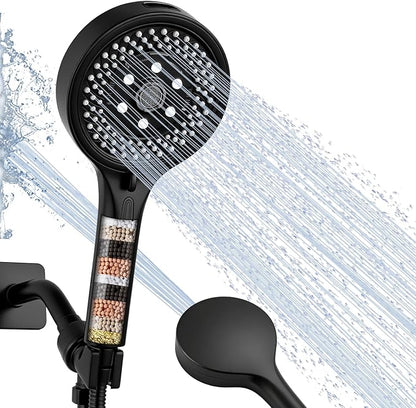Filtered Handheld Shower Head, High Pressure Black | 7 spray modes, 5.24" wide coverage, 59" SS hose, adjustable holder, built-in filter, G1/2" universal fit, tool-free install
