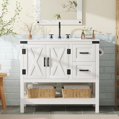 AMERLIFE 36" Farmhouse Bathroom Vanity with Sink Combo, Wood Barn Door Freestanding Small Single Bath Storage Cabinet Set with Sliding Drawers & Open Shelf, Paper Towel Holder, Antique White