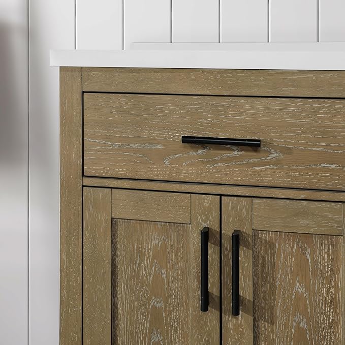 OVE Decors Bailey 60 in. Double Sink Freestanding Driftwood Oak Bathroom Vanity with White Quartz Top, Matching Backsplash and Power Bar