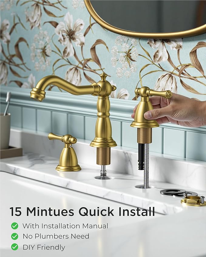 FORIOUS Brushed Gold Bathroom Sink Faucets 3 Hole, 2 Handle Widespread Gold Faucet for Bathroom Sink with Pop-Up Drain and Water Supplies for Commercial Vanity Lavatory Restroom Farmhouse