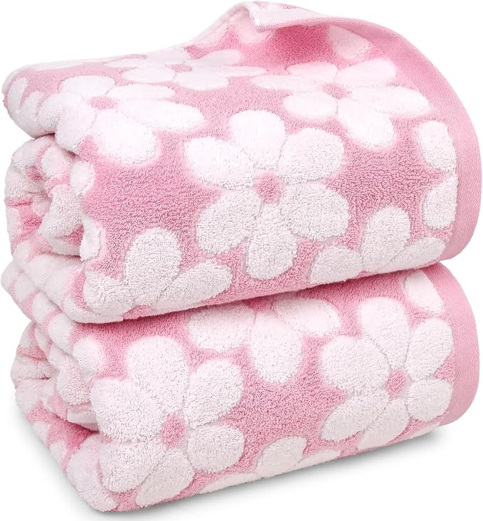 Pink Bath Towels Set of 2, Super Absorbent & Decorative 27.5x55 Inches | Cute Floral Jacquard Shower Towel for Bathroom Decor, Beach, Cotton