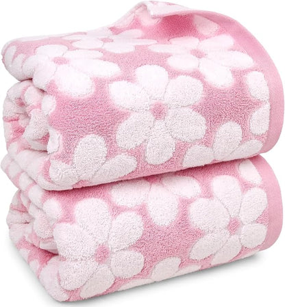 Pink Bath Towels Set of 2, Super Absorbent & Decorative 27.5x55 Inches | Cute Floral Jacquard Shower Towel for Bathroom Decor, Beach, Cotton