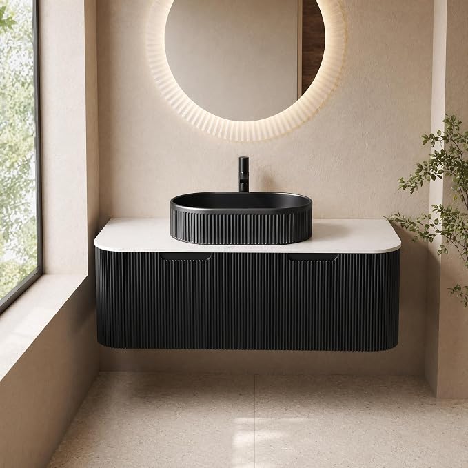 48 Inch Bathroom Vanity with Sink, Floating Wall Mounted Single Sink Vanity, Black Curved Fluted Front, Stone Top, Black Textured Oval Vessel Basin, Pre-Assembled