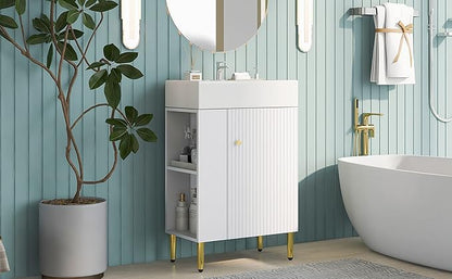 21.6 in Small Bathroom Vanity with Sink,Doors and Storage Shelves,Wood Modern Single Fluted Bathroom Sink Cabinet Freestanding (White,Left Shelf)