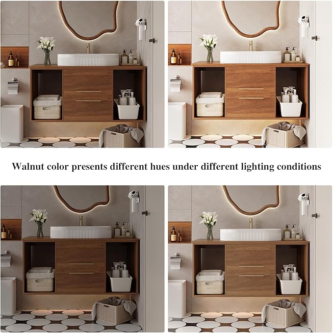 39.4 inch Modern Floating Bathroom Vanity with Sink, Wall Mounted Bathroom Cabinet with Oval Fluted Ceramic Sink, Wood Grain Counter Top, 2 Soft Closing Drawers & Open Storage Shelf, Walnut