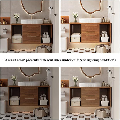 39.4 inch Modern Floating Bathroom Vanity with Sink, Wall Mounted Bathroom Cabinet with Oval Fluted Ceramic Sink, Wood Grain Counter Top, 2 Soft Closing Drawers & Open Storage Shelf, Walnut