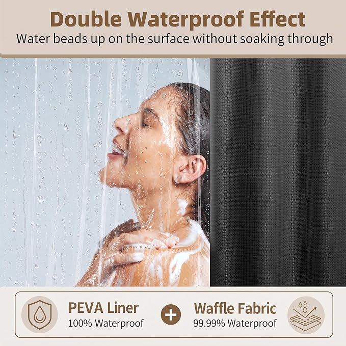 Siiluminisoy Shower Curtain and Liner Set, Waffle Shower Curtain Set with 12 Stainless Steel Hooks, Waterproof Luxury Fabric Shower Curtains for Bathroom and Hotel, Black, 72" W x 72" H