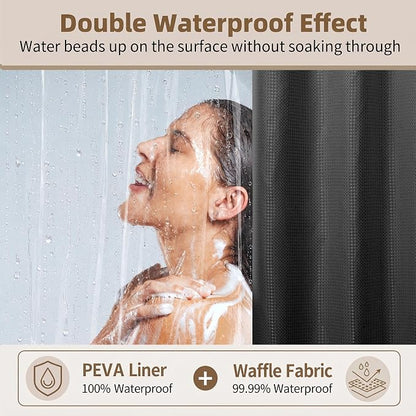 Siiluminisoy Shower Curtain and Liner Set, Waffle Shower Curtain Set with 12 Stainless Steel Hooks, Waterproof Luxury Fabric Shower Curtains for Bathroom and Hotel, Black, 72" W x 84" H