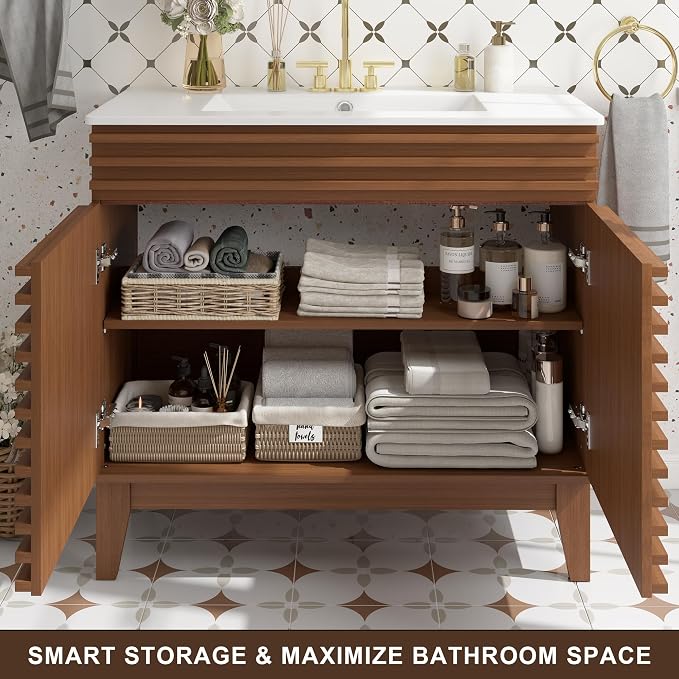 36 Inch Bathroom Vanity with Sink, Walnut Fluted Freestanding Bathroom Vanity Cabinet with Ceramic Sink Top, Solid Wood Legs, Soft Close Double Doors and Modern Storage Cabinet