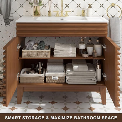 36 Inch Bathroom Vanity with Sink, Walnut Fluted Freestanding Bathroom Vanity Cabinet with Ceramic Sink Top, Solid Wood Legs, Soft Close Double Doors and Modern Storage Cabinet