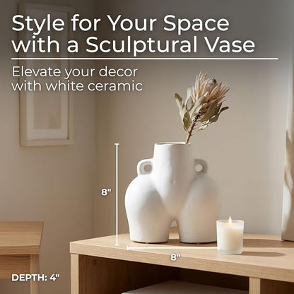 Decorative Half Body Ceramic Vase for Living Room Decor and Home Accents - Perfect for House and Table Decor Displays - Modern Flower Vase for Room, Bedroom, or Office Decor - 8", White