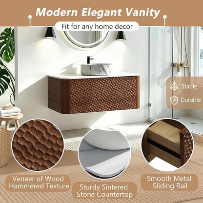 48 Inch Modern Bathroom Vanity with Ceramic Sink, Floating Bathroom Sink Cabinet with Sintered Stone Top&Solid Wood Hammered Frame, Single Bathroom Vanities w/Soft-Close Drawer&IDE Open Cube