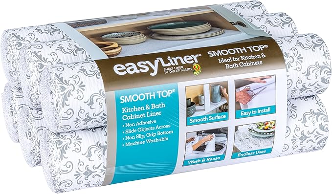 Smooth Top EasyLiner for Cabinets & Drawers - Easy to Install & Cut to Fit - Shelf Paper & Drawer Liner Non Adhesive - Non Slip Shelf Liner - 20in. x 6ft. - 6 Roll Project Pack - Gray Damask