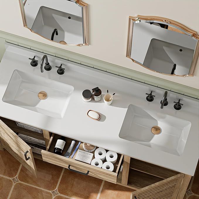 60" Brown Bathroom Vanity with Double Ceramic Sinks | Pre-Assembled Bathroom Vanity Cabinet with Quartz Countertop & cUPC Ceramic Basins, Modern Freestanding Bath Cabinet with Soft-Close Doors
