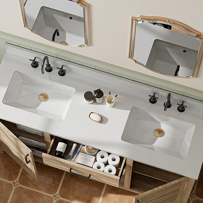 60" Brown Bathroom Vanity with Double Ceramic Sinks | Pre-Assembled Bathroom Vanity Cabinet with Quartz Countertop & cUPC Ceramic Basins, Modern Freestanding Bath Cabinet with Soft-Close Doors