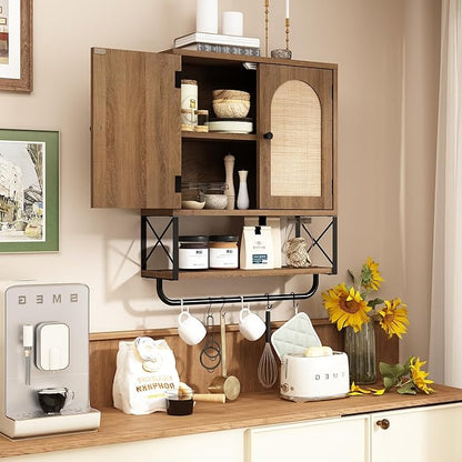 RUSTOWN Rattan Bathroom Wall Cabinet, Boho Over The Toilet Storage Cabinet with Arched Rattan Doors, Modern Medicine Cabinet with Adjustable Shelves & Towel Bar, Bathroom Organizer(Rustic Oak, Medium)