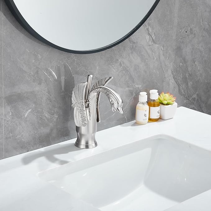 Bathroom Faucet Brushed Nickel Swan Single Handle 1 Hole Bathroom Vanity Faucet Basin Tap Deck Mount Lavatory