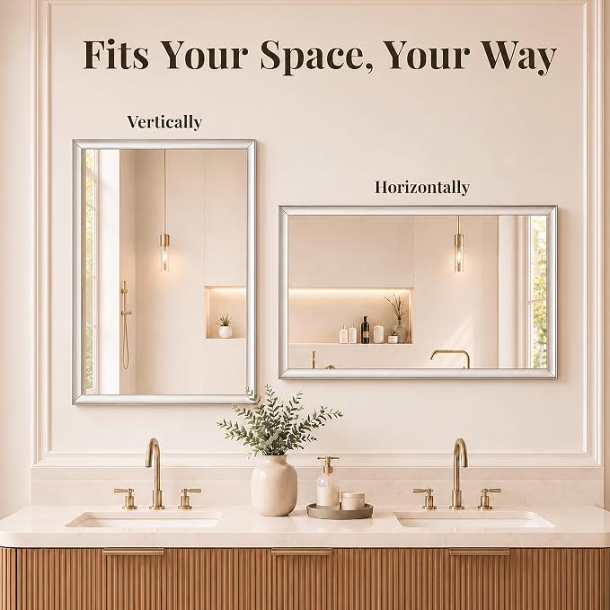 2 Pack 24x36 Inch Brushed Nickel Bathroom Mirrors for Over Sink | Curved Aluminum Frame Rectangle Vanity Mirror Set for Double Sink, HD Tempered Glass, Anti-Rust, Horizontal or Vertical