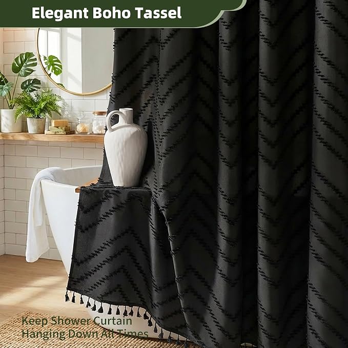 Siiluminisoy Black Shower Curtain with Tassel Boho Shower Curtain Modern Minimalist Bathroom Shower Curtain Textured Tufted Chevron Striped, 71" x 72"
