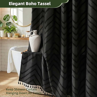 Siiluminisoy Extra Long Black Boho Shower Curtain with Tassel, Woven Fabric 72 x 90, Tufted Chevron Striped, Modern Chic Textured Minimalist