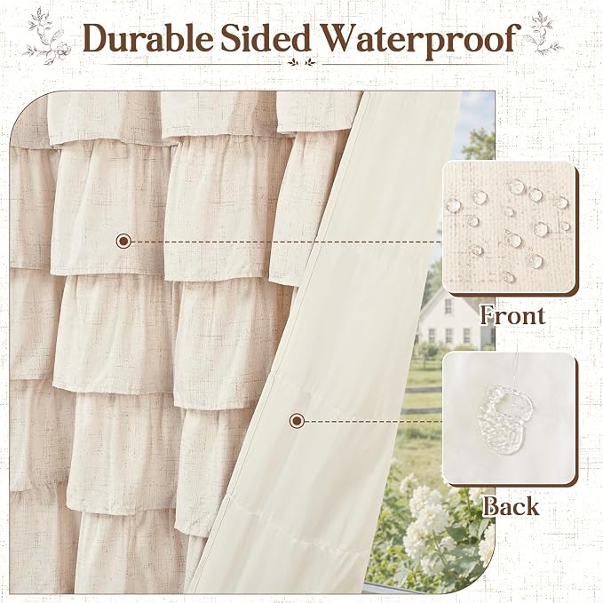 Yinhua Long Farmhouse Shower Curtains for Bathroom with Ruffle, 72" Wx78 L | Ruffle Design, Vintage Rustic Boho, Washable Waterproof Shower Curtain for Bathroom Bathtub, 12 Metal Hooks