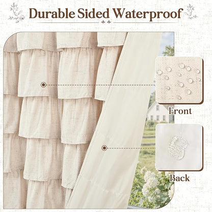 Extra Long Farmhouse Shower Curtains for Bathroom with Ruffle, 72"Wx90"L | Ruffle Design, Vintage Rustic Boho, Washable Waterproof Shower Curtain for Bathroom Bathtub, 12 Metal Hooks