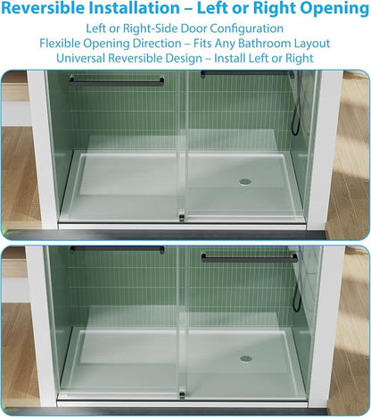 Framed Shower Door 44-48 inch W×74 inch H – Glass Shower Door, Stainless Steel Square Rail, Double Sliding Shower Glass Door, 6mm Tempered Glass, Matte Black