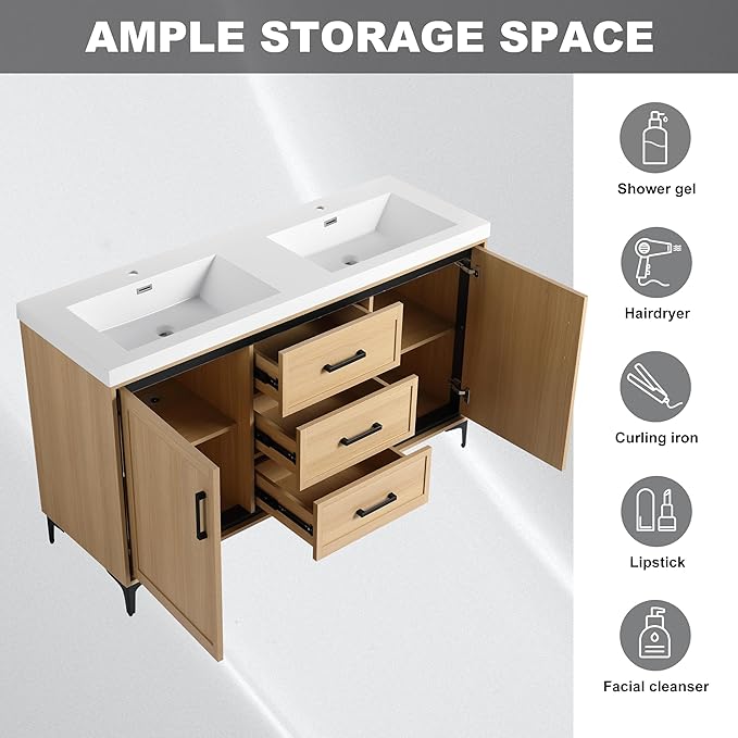 60" Freestanding Bathroom Vanity with Double Resin Sink, Bathroom Vanity with Sink, 2 Soft Closing Doors & 3 Drawers, Original Oak Plywood (KD-Packing)