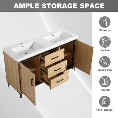 60" Freestanding Bathroom Vanity with Double Resin Sink, Bathroom Vanity with Sink, 2 Soft Closing Doors & 3 Drawers, Original Oak Plywood (KD-Packing)