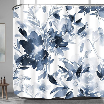 Extra Wide Flower Shower Curtain 108 x 72 for Claw Foot Tub, Navy Blue | Modern Watercolor Floral 108 inch Long Shower Curtain Set with 18 Pack Plastic C-Hooks, Blue White