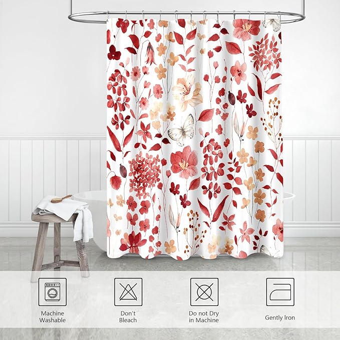 Red Floral Shower Curtain, Cute Flower Fabric Shower Curtains for Bathroom, Watercolor Wildflower Butterfly Cloth Shower Curtain Set with Hooks, 72x72
