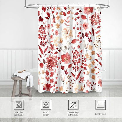 Red Floral Shower Curtain, Cute Flower Fabric Shower Curtains for Bathroom, Watercolor Wildflower Butterfly Cloth Shower Curtain Set with Hooks, 72x72