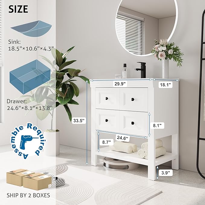 eclife 30" Bathroom Vanity with Sink Combo, Modern Painted Vanities Cabinet with Big Drawers, Opening Bottom Shelf, Raised Foot Pads, Include Undermount White Sink, Faucet & Drain, White