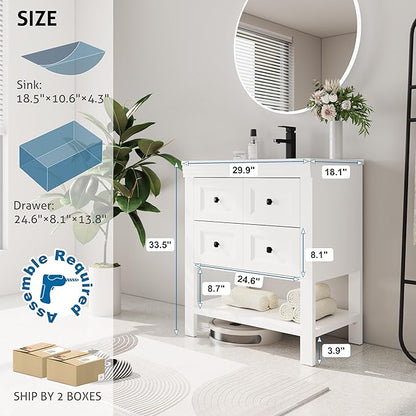 eclife 30" Bathroom Vanity with Sink Combo, Modern Painted Vanities Cabinet with Big Drawers, Opening Bottom Shelf, Raised Foot Pads, Include Undermount White Sink, Faucet & Drain, White