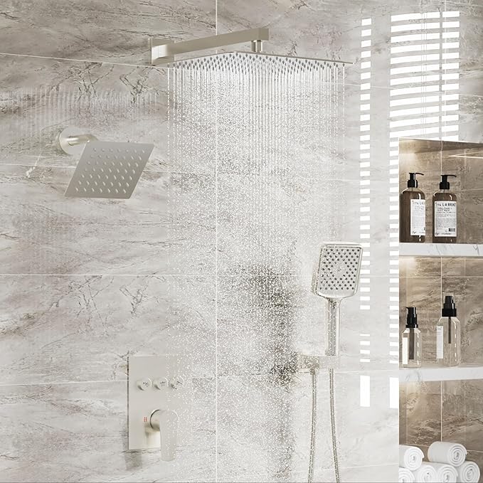 MONDAWE 12 Inch Wall Mounted Brushed Nickel Shower System, 3-Function Shower Faucet Set with Rainfall Dual Shower Head and High Pressure 4-Setting Handheld, All Functions Can be Used At the Same Time