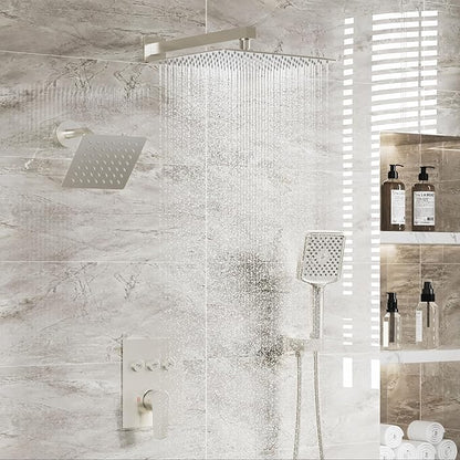 MONDAWE 12 Inch Wall Mounted Brushed Nickel Shower System, 3-Function Shower Faucet Set with Rainfall Dual Shower Head and High Pressure 4-Setting Handheld, All Functions Can be Used At the Same Time